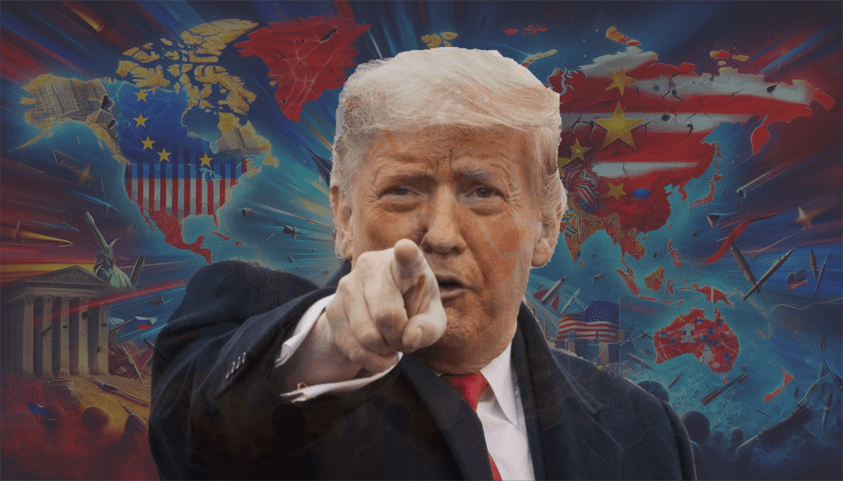 Donald Trump zweite steht vor der Weltkarte und zeigt auf den Betrachter.